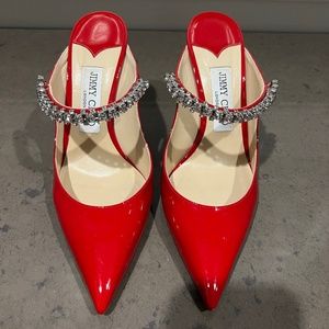 Jimmy Choo Bing Red Patent Rhinestone Heels 37.5/7.5